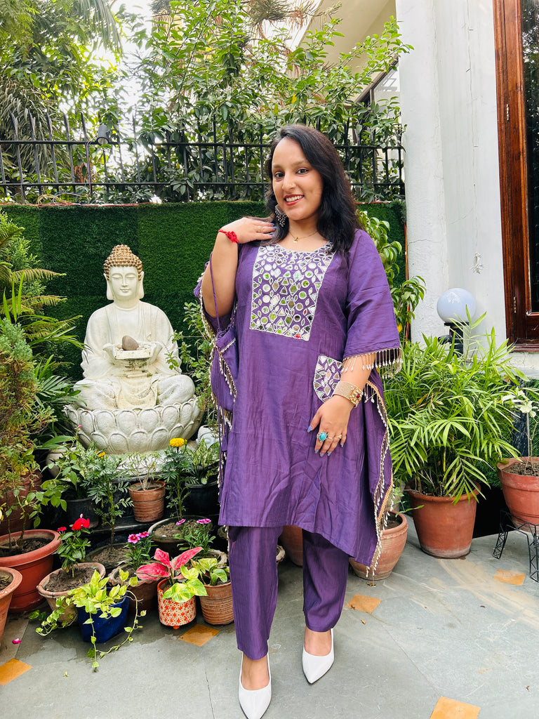 Elegant Purple Kaftan with Real Mirror Work & Matching Potli