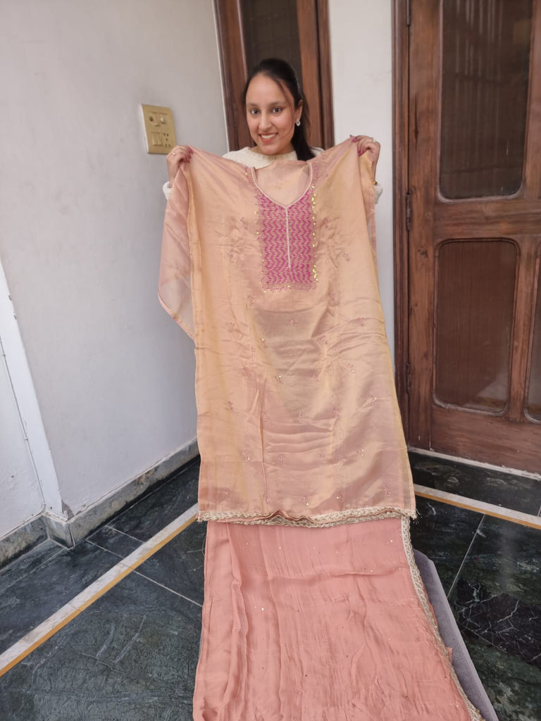 Peach color suit with neck work  for women