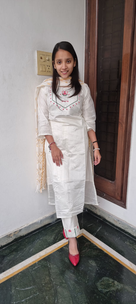 Elegant White Embroidered Cotton Suit