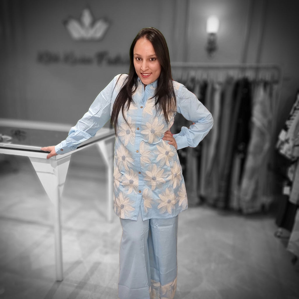Sky blue floral Threadwork Cordset