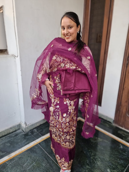 Wine color suit with full  work  for women