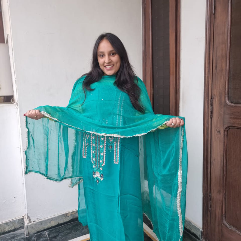 Sky blue color suit with front work