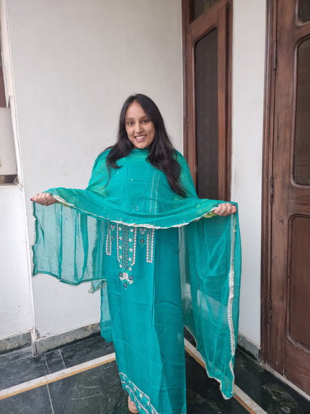 Sky blue color suit with front work